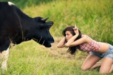 Funny Lady Copy the Cow Action