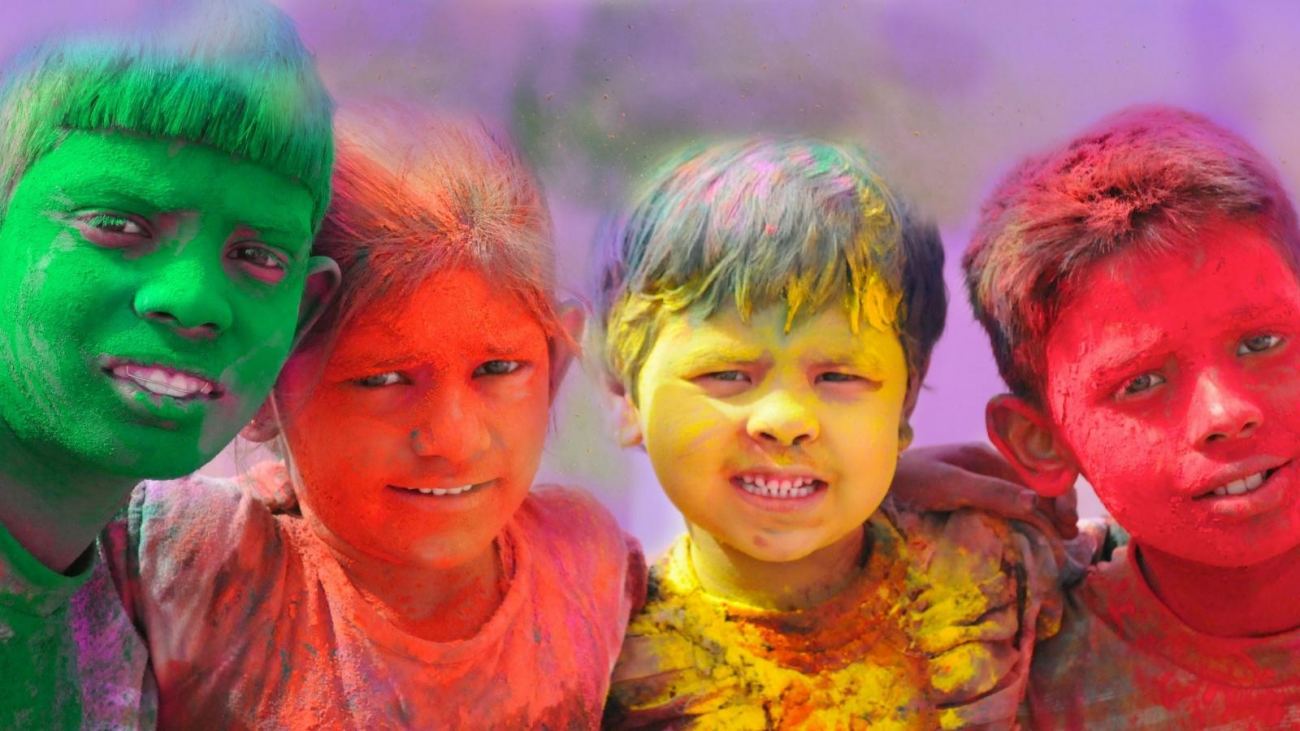 Children Celebrating and Playing Colorful Holi