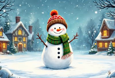 Joyful Snowman in the Snowy Christmas Scene Wallpaper