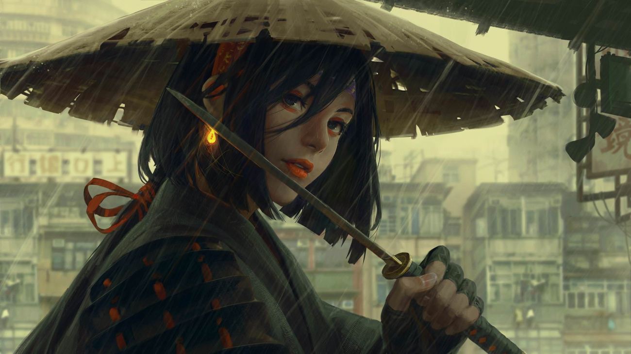 Black Haired Girl Holding Katana Wallpaper