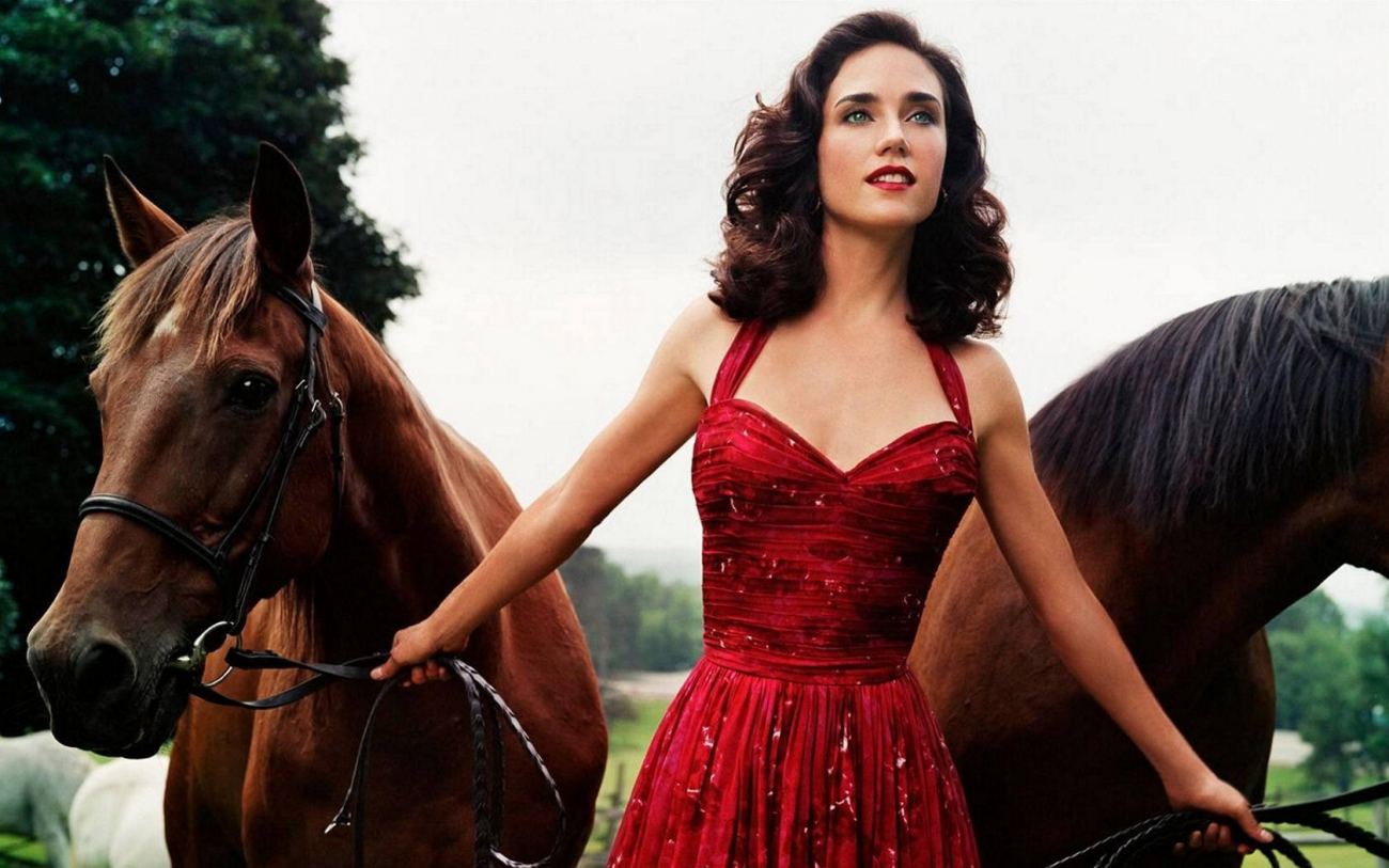 Jennifer Connelly Horses Red Dress Wallpaper